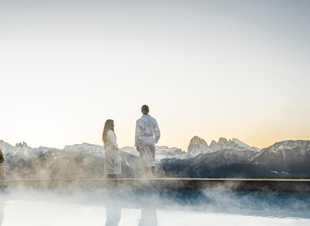 The heated panoramic outdoor pool in winter